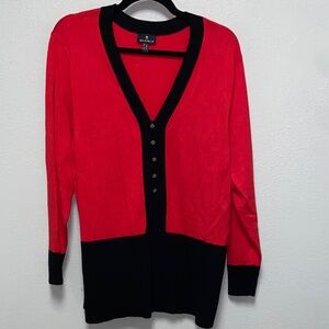 MARBLE Red Black V-Neck Color Block Henley Knit Pullover Sweater 3661